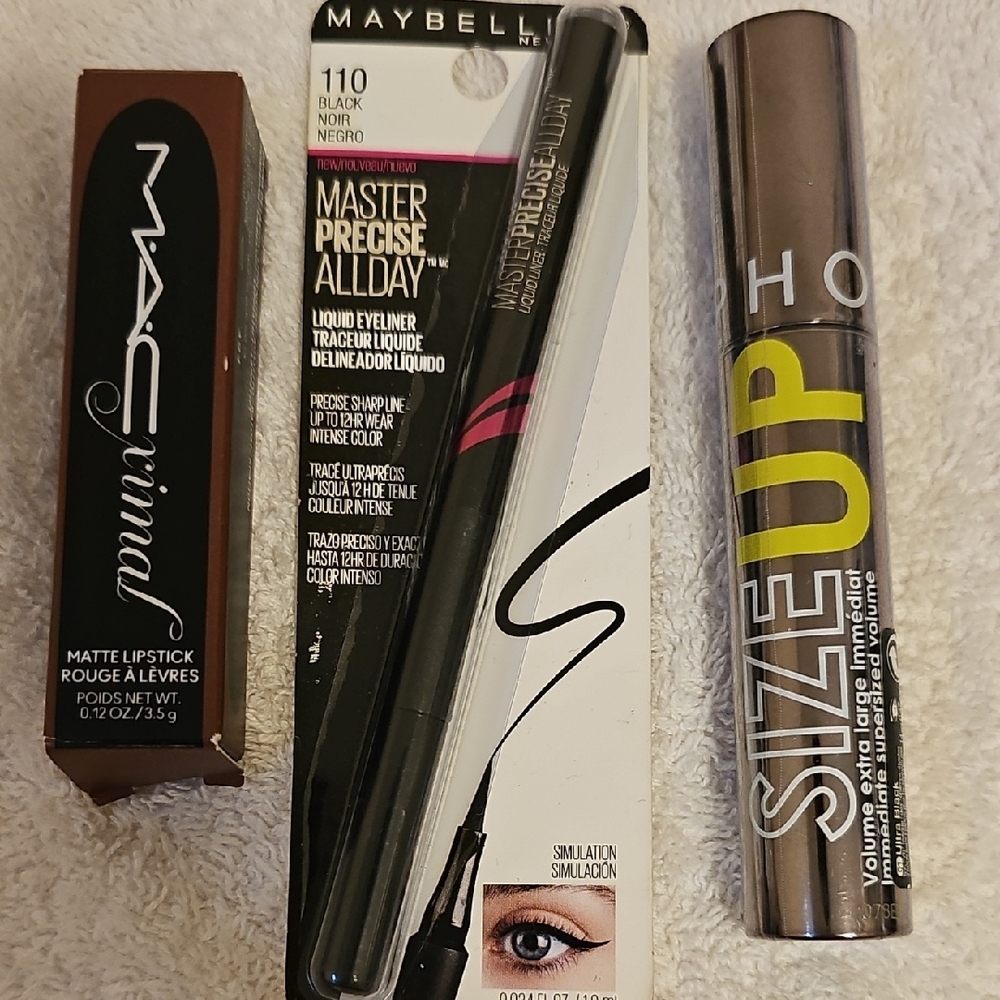 Maybelline  Liquid Eyeliner - Black, MAC Lipstick And Sephora Mascara